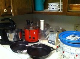 Mixer, crock pot, iron skillets