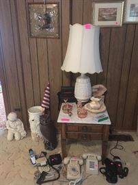 lamp, telephones, marble top end table 