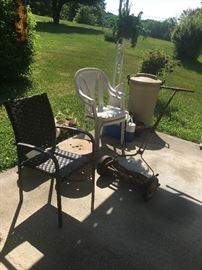 reel mower, outdoor chairs