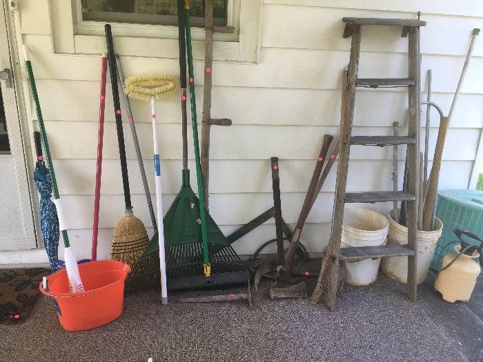 wooden step ladder, gardening and household tools, pump sprayer