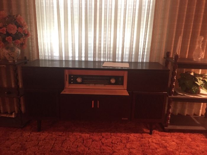  German retro style mid century stereo console with built in bar turntable and reel to reel tape player 
