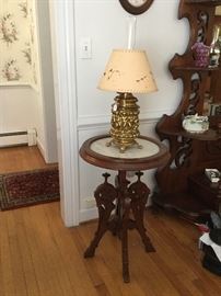 Brass Lamp and Round Marble Top Table
