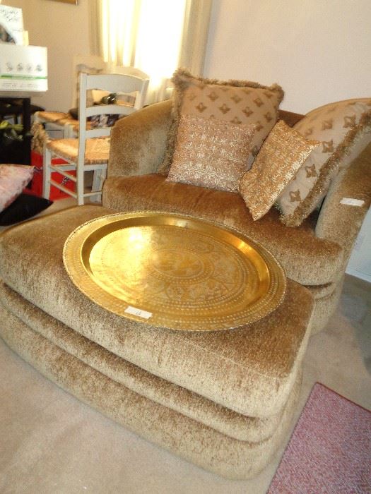 large oversized chair, brass tray