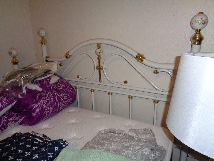 nice queen bed w/white & brass head & foot board