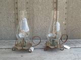 Vintage wrought iron candle holders with glass chimneys