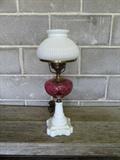 Vintage Cranberry cut to clear and milk glass lamp