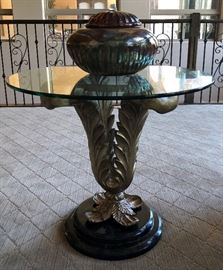 Side Table, Pedestal Base w Glass Top, Decorative Lidded Jar