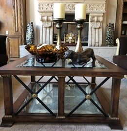 Palladio Coffee Table, Pair Oversized Candlesticks, Tiger Glass Bowl w Asst Decorative Balls