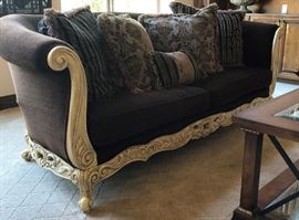 Beautiful Sofa w Carved Wood Frame and Rolled Arms and Back (2 each), Custom Pillows