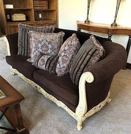 Beautiful Sofa w Carved Wood Frame and Rolled Arms and Back (2 each), Custom Pillows