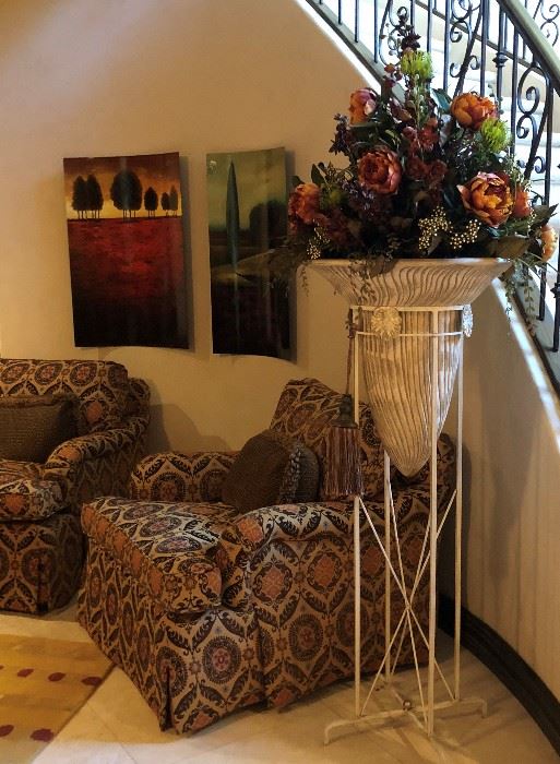 2 Matching Lounge Chairs in Floral Pattern w Back Pillow in Diamond w Looped Fringe 
(Upgraded cushion to spring plush) 
, Floral on Clay Stand, Metal Wall Art