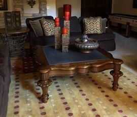 Chocolate Textured Sofa w Toss Pillow in Floral w Looped Fringe or Cording (Upgraded cushion to spring plush) 
Metal and Wood End Table, Square Coffee Table w Slate Inset (perfect for board games) Table Size Decorative Screen,  Area Rug, ...