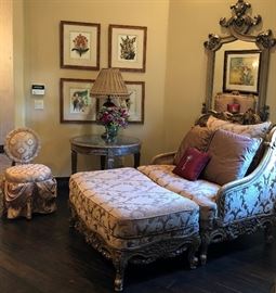 Chair and a Half w Ottoman, End Table, Table Lamp, Floral, 4-Pc Botanical Prints, Ornate Mirror, Vanity Chair
