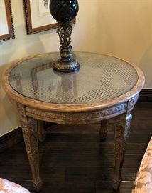 End Table w Cane Top and Glass Inset