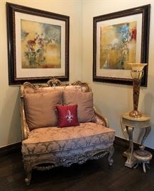 Settee, End Side Table, Art Nouveau inspired Lamps (2), Over-sized Art Prints (2) 