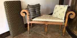Curved Arm Wood Settee, Custom Pillows
