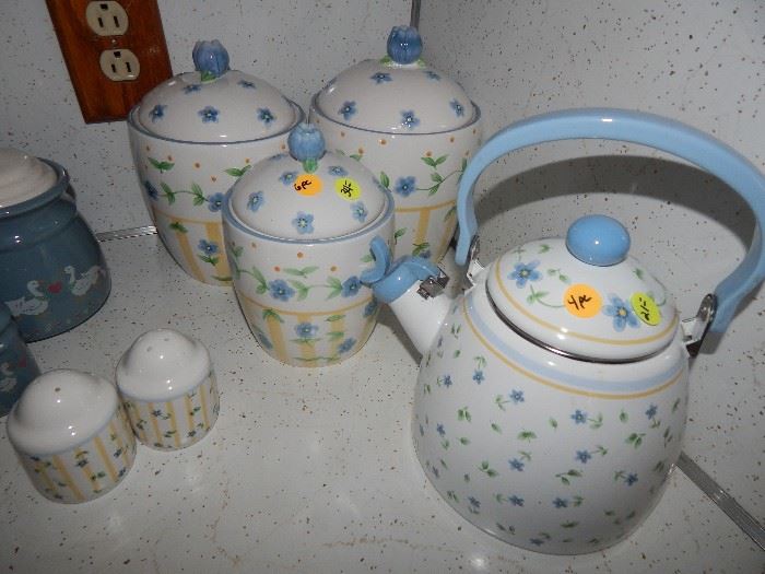 Pretty Blue Floral Set, includes: Teapot, Salt & Pepper and 3 pc Canisters