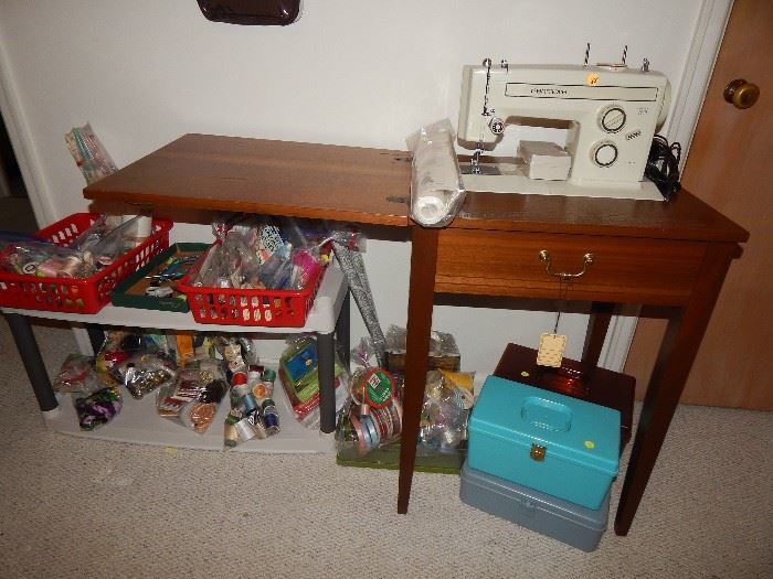 Sewing Machine in Cabinet, Sewing Boxes (empty) and Notions