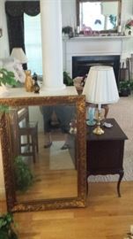 Beautiful wooden mirror, small display cabinet with drawers and lamps plus some fenton.