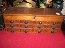 oak 9 drawer traveling apothecary case with lift top divided storage compartment