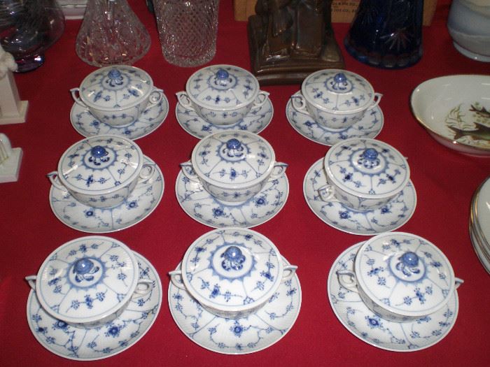 Royal Copenhagen cream soups with lids and underplates in the blue onion pattern