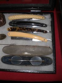 straight razors and early eye glasses with case