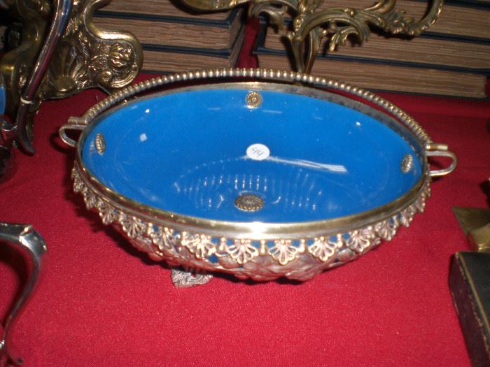 silverplate basket with blue french opaline glass insert