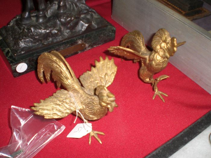 r. gilt bronze fighting cocks