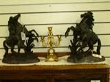Pair of Spelter Horses & Brass Candelabra