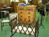 Vintage Accordion Cradle, Carved Oak Chest