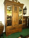 Carved Oak Mirrored Door Wardrobe