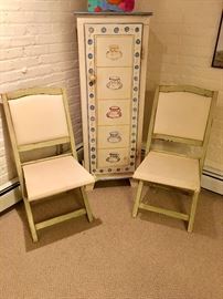 Folding wooden chairs and hand painted pine cabinet