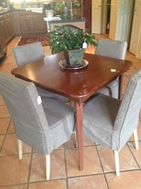 Great wooden card table; 4 covered wicker chairs