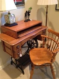 Sewing machine base table; Windsor maple chair