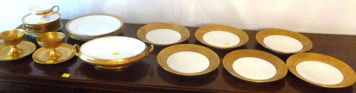 Box lot of antique gold tone rimmed dishes,  different makers
