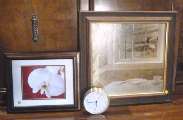 Two framed prints, 1 floral, 1 still life, and a  wall clock, Bigger frame is 23" L X 22" W
