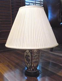 Asian style porcelain vase converted to lamp, with  shade, 21" W (shade), 29.5" H
