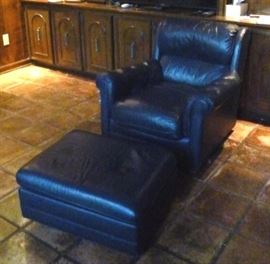 Blue leather chair with ottoman, as is, 27" W X  32" D X 32" H
