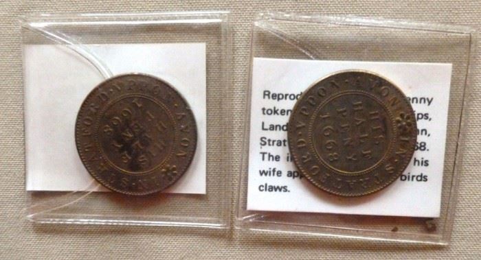Two reproduction 1668 half pennies from England
