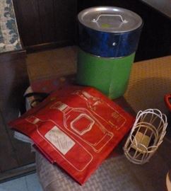 Box lot of kitchen items, bag, cutting board,  basket, and ice bucket
