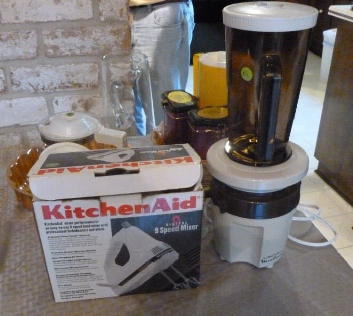 Box lot of kitchen appliances, canisters, and two  pitchers
