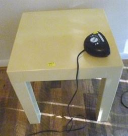 Small vintage plastic table, 16" W x 16" D, 16" H,  with alarm clock
