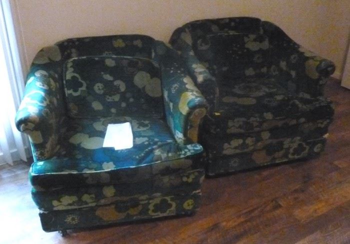 Pair of vintage chairs on castors with original  floral upholstery, 30" W x 30.5" D, 25" H
