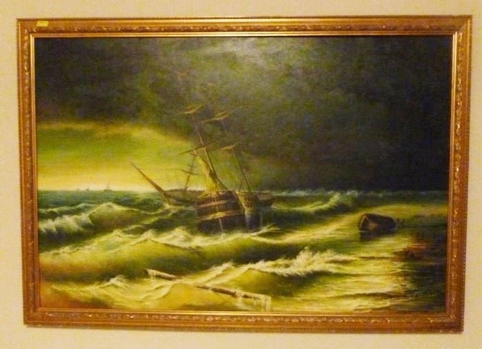 Framed oil on canvas shipwreck, signed, 27" x  37.5"
