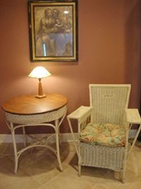 Antique Wicker Arm Chair and Wood Topped Wicker Table