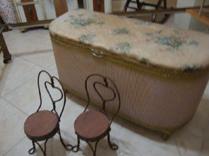  Vintage Pink Wicker Chest, two Doll Chairs