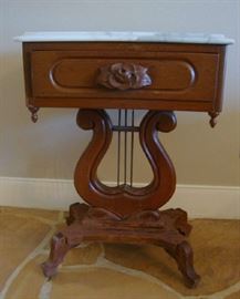 Mahogany Victorian Style, Lyre Base table, marble top, pair