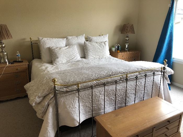 King size metal bed frame and bed and box springs. Mattress is nearly new, Stearns and Foster Luxury Firm, protected with a waterproof cover. 