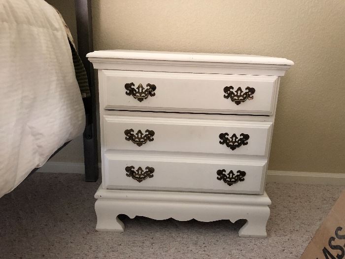 2 Cherry side table with drawers painted white. Matching set can be stripped and stained to original state or distressed for a more casual look. Perfect for a guest bedroom. 