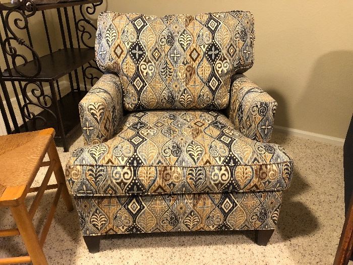 Large chair in durable material in design that matches the 3 designer pillows on the navy corduroy sectional couch that is also for sale. Made in North Carolina. 